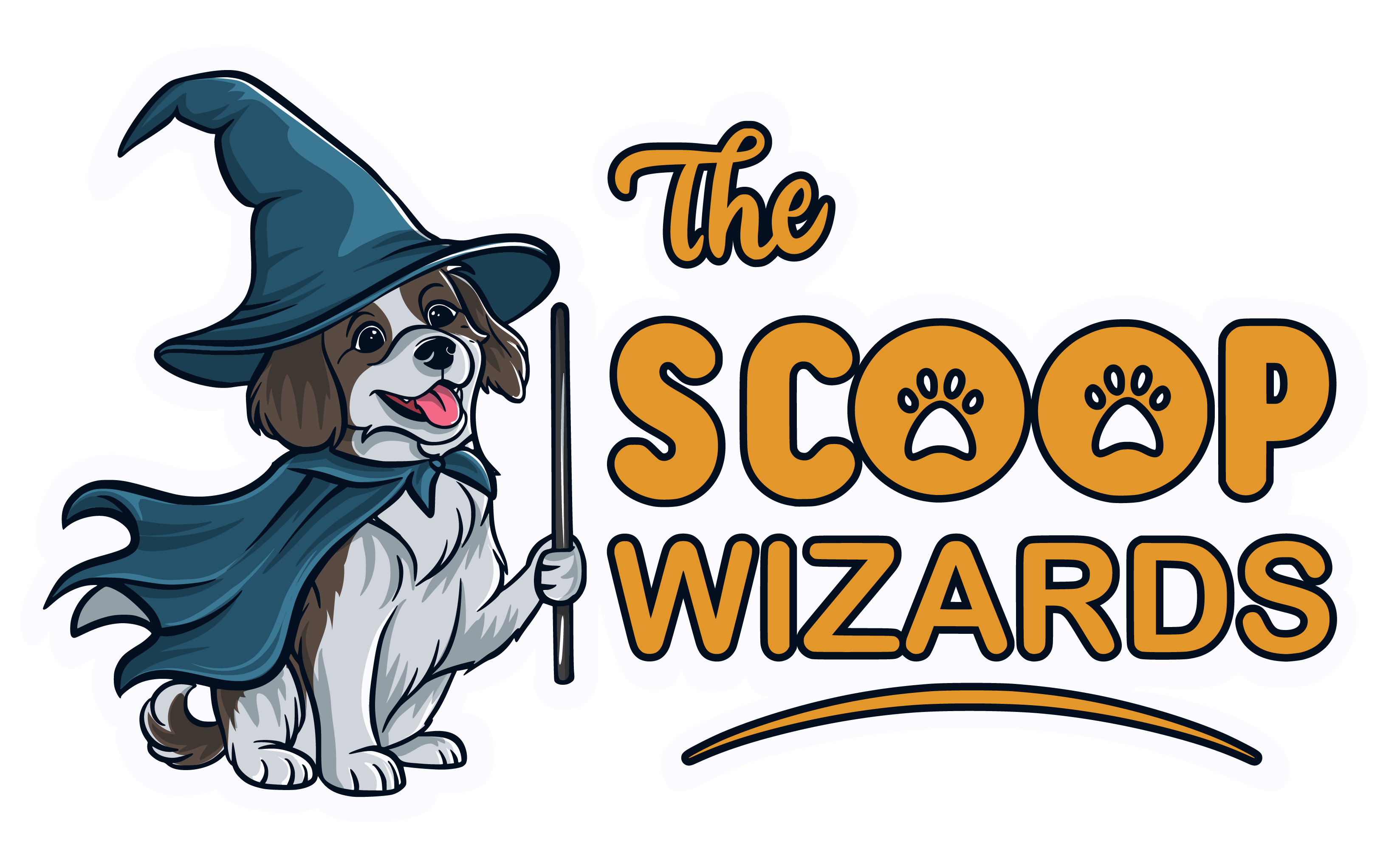 Official logo for The Scoop Wizards pet waste removal service with wizard dog mascot rectangle